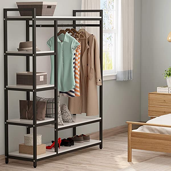 LITTLE TREE Free-Standing Closet Organizer, Heavy Duty Clothes Closet, Portable Garment Rack with 6 Shelves and Hanging Rod, Black Metal Frame&Rustic Board Finish Vingte &Black