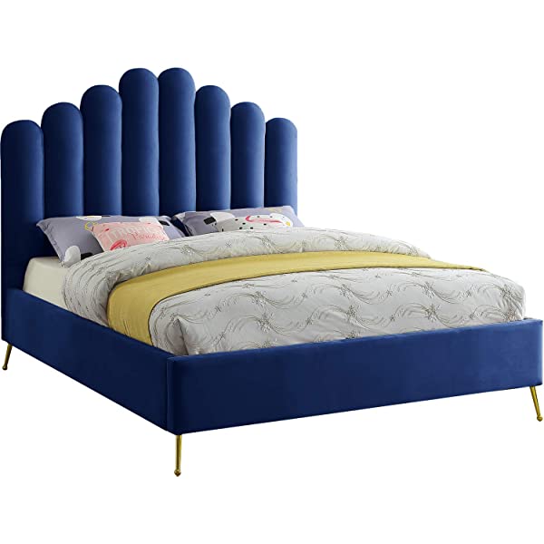 Meridian Furniture Lily Collection Modern | Contemporary Velvet Upholstered Bed with Deep Channel Tufting and Custom Gold Steel Legs, Queen, Cream Cream Queen