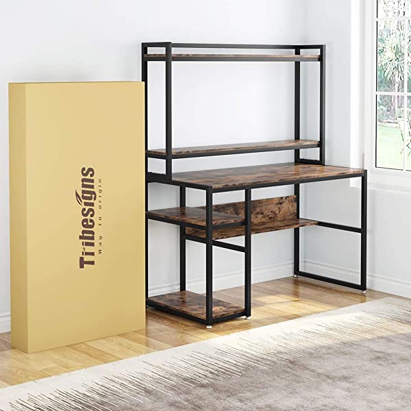 Tribesigns Computer Desk with Hutch and Shelves, 47 Inches Home Office Desk with Bookshelves and CPU Stand, Writing Desk PC Study Table Workstation for Small Spaces (Rustic Brown)