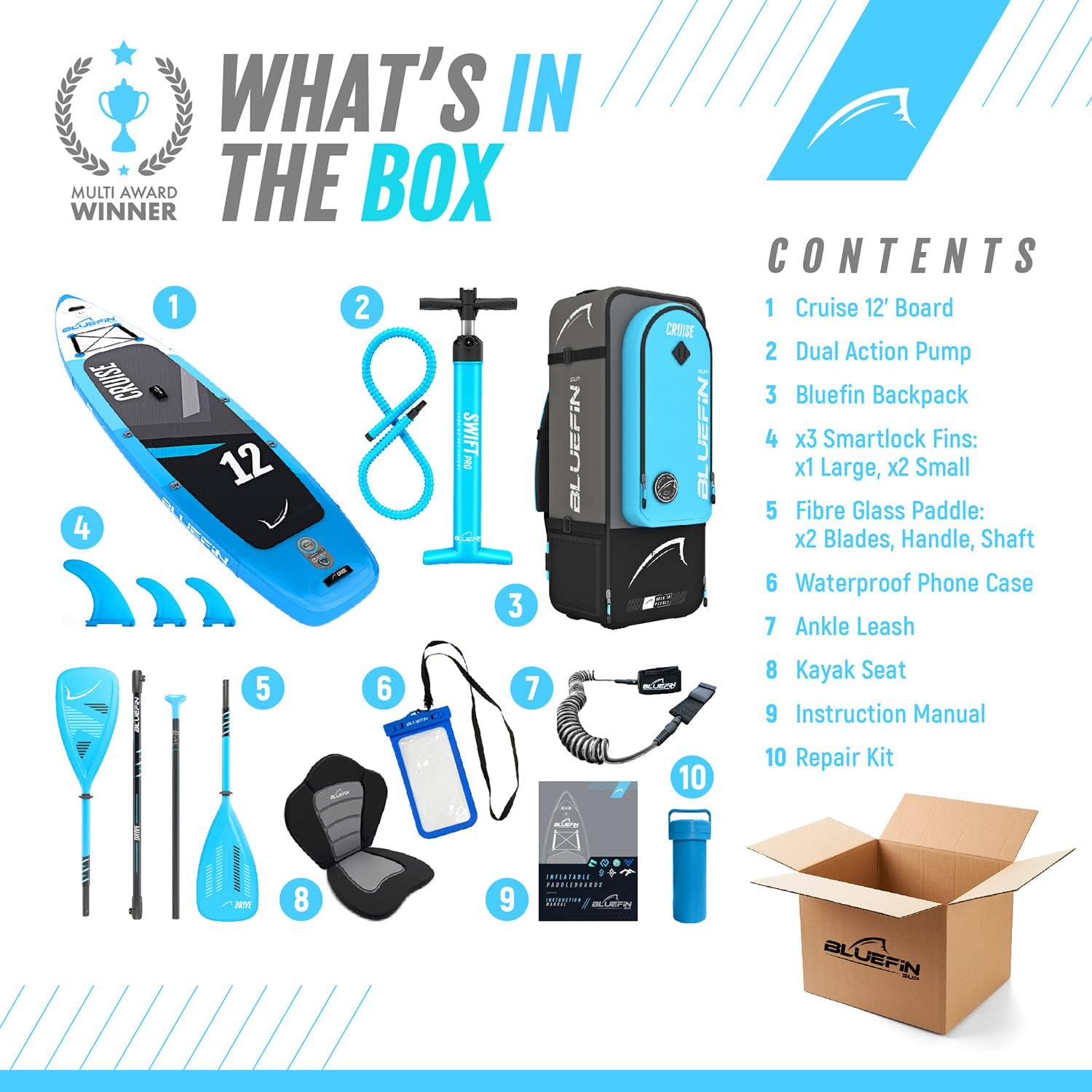 Bluefin Cruise SUP Inflatable Stand Up Paddle Board | Premium Paddleboard Accessories | Multiple sizes: Kids, 9'8, 10'4, 10’8, 12’, 15'