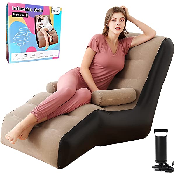 Inflatable Chaise Lounges Folding Lazy Floor Chair Sofa Lounger Bed with Armrests (Khaki)