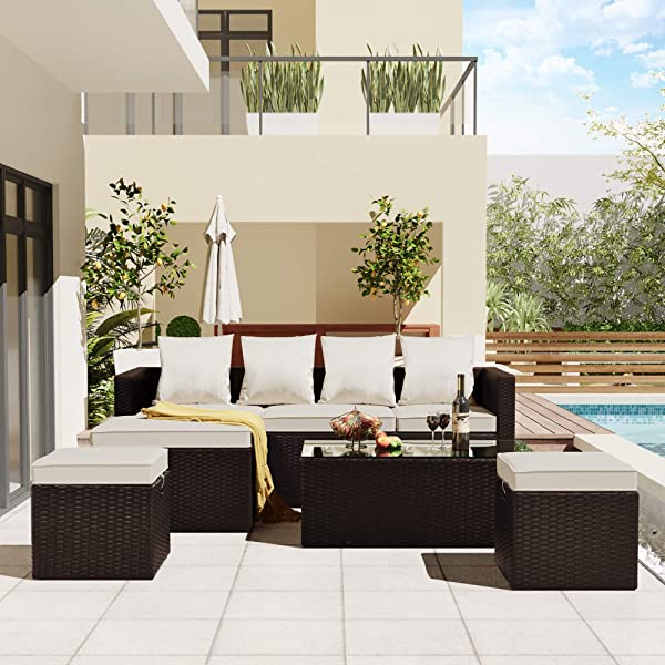 AWQM 5 Pieces Patio Furniture Sets All Weather Outdoor Sectional Sofa Manual Weaving Wicker Rattan Patio Conversation Set with Cushion and Glass Table, Brown 5 Piece Patio Furniture Sets