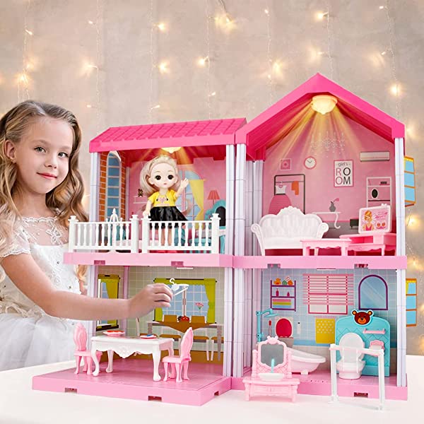 Doll House Kit,Dollhouse with Lights, Slide, Pets and Dolls, DIY Pretend Play Building Playset Toys with Asseccories and Furniture, Princess House for Toddlers, Kids Boy & Girl (11 Rooms)