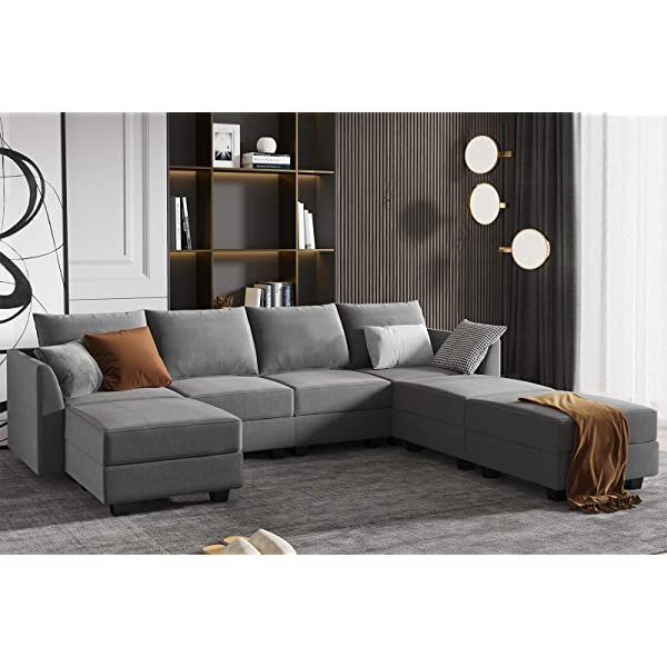 HONBAY Convertible Sectional Sofa U Shaped Couch with Reversible Chaise Modular Oversized Couch Sectional Sofa with Ottomans, Aqua Blue U Shape Sofa-1 Blue