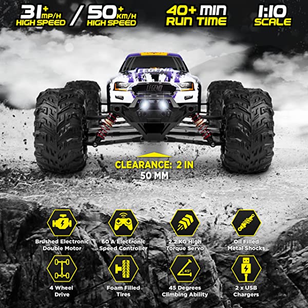 1:10 Scale Large RC Cars 50+ kmh Speed - Boys Remote Control Car 4x4 Off Road Monster Truck Electric - Hobby Grade Waterproof Toys Trucks for Kids and Adults - 2 Batteries + Connector for 40+ Min Play Black - Red 1:10 Scale 31 mph