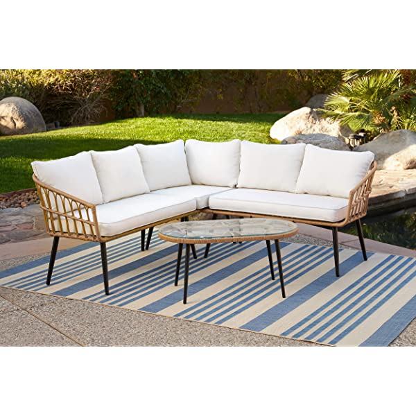 Quality Outdoor Living 65-YZ03HM Hermosa 3 Piece Chat Set, Tan Wicker + Linen Cushions 3-Piece Chat Set (Linen Cushions)