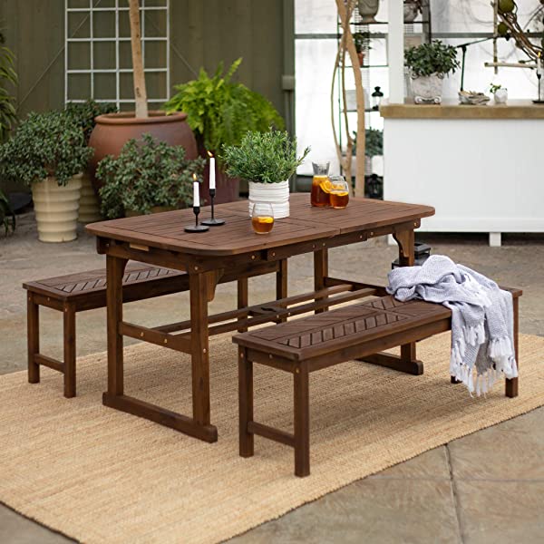 Walker Edison 5 Person Outdoor Wood Chevron Patio Furniture Dining Set Table Chairs Bench All Weather Backyard Conversation Garden Poolside Balcony, 4 Piece, Brown Brown 4 Piece Dining Set