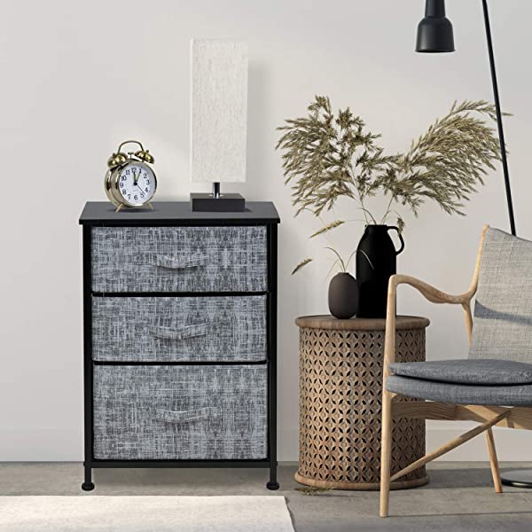 Sorbus Nightstand with 3 Drawers - Bedside Furniture & Accent End Table Chest for Home, Bedroom Accessories, Office, College Dorm, Steel Frame, Wood Top, Easy Pull Fabric Bins (Gray) Grey