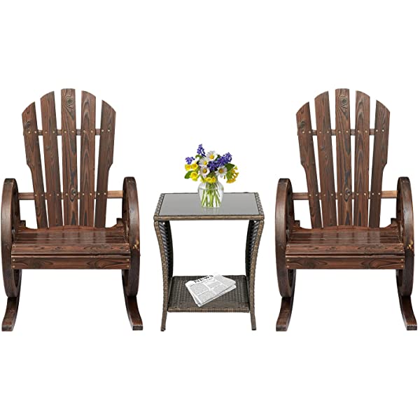 Kinsunny Rustic Wood Wagon Rocking Chair Outdoor Patio Lounge Rocker Set with Wheel Armrest for Garden, Country, Yard 1pc