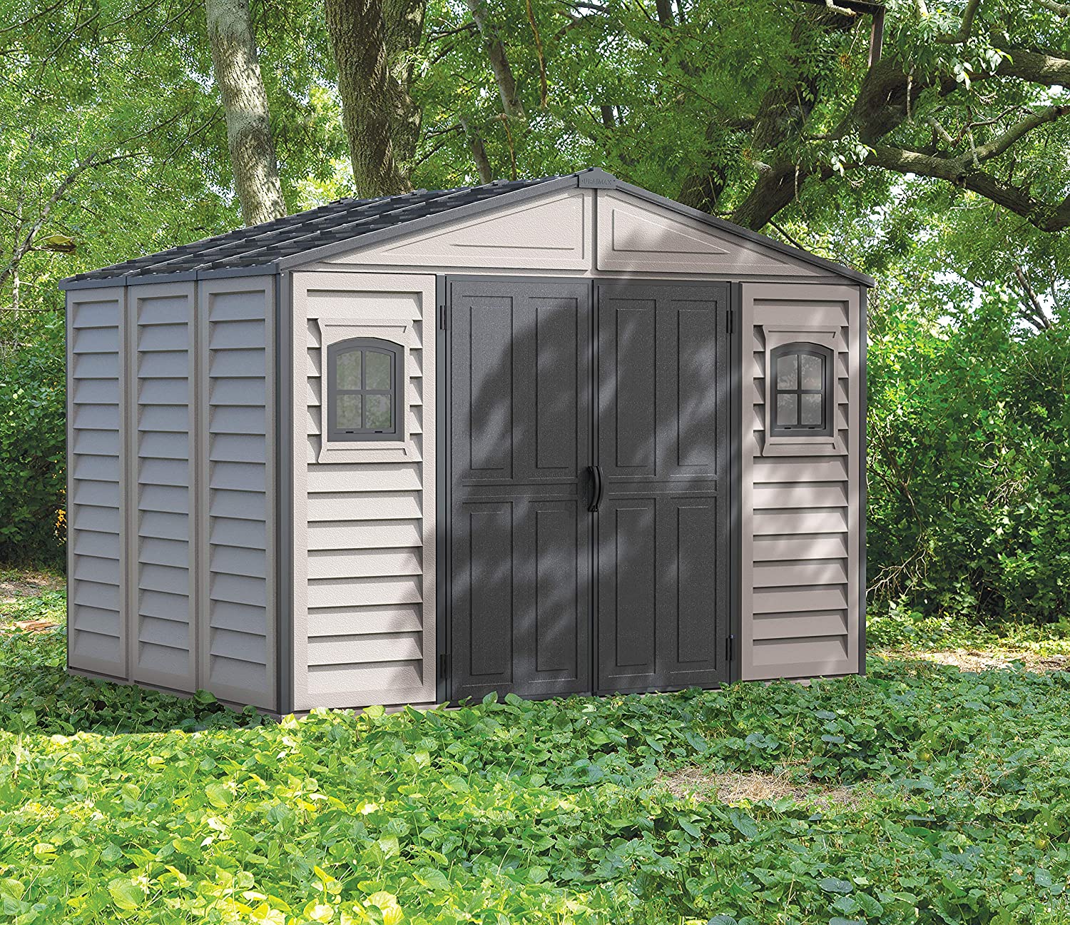 Duramax WoodSide 10 x 8 (8.02 m2) Plastic Garden Shed with 3 Fixed Windows & Metal Foundation Kit, Strong Metal Roof Structure Fire Retardant and Maintenance-Free Storage Shed
