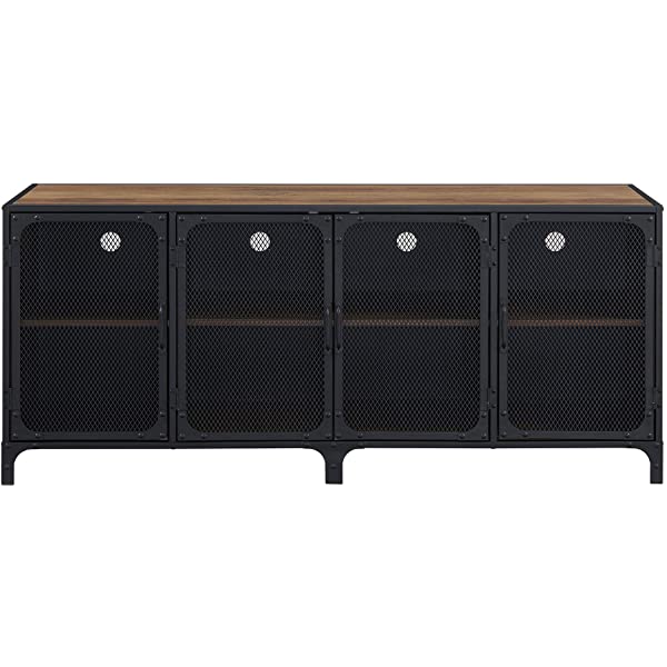 Walker Edison Malcomb Urban Industrial Metal Mesh Double Door Rolling Bar Cabinet, 33 Inch, Rustic Oak Rustic Oak 33 Inch