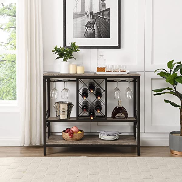 O&K FURNITURE Industrial Wine Rack Table with Glass Holder, Wine Bar Cabinet with Storage, Brown