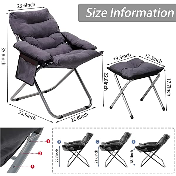 VOJUEAR Modern Accent Fabric Lazy Chair with Ottoman, Upholstered Lounge Reclining Armchair with Side Pocket for Adults or Kids,Upholstered Lounge Leisure Armrest Sofa Chair (CharcoalGrey)
