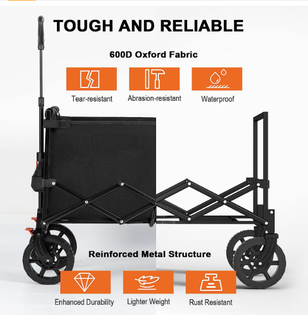 Foldable Practical Folding Four Wheel Vehicle Heavy Duty Foldable ATV Large Capacity Foldable Grocery Cart For Camping Garden Outdoor Fishing Black
