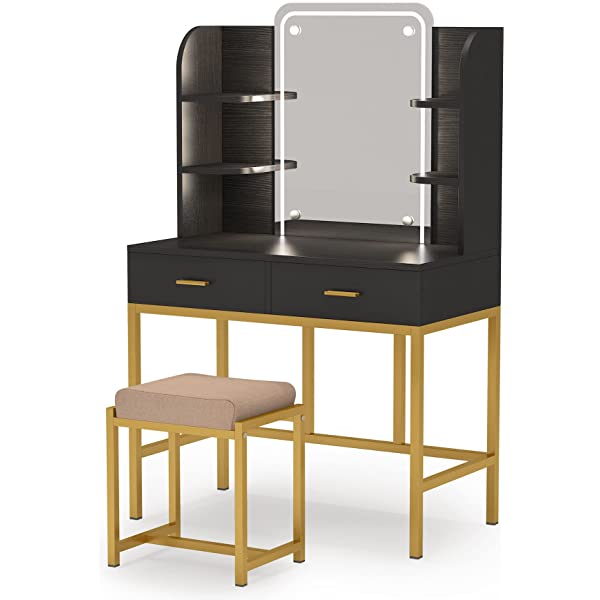Vanity Set with LED Lighted Mirror and Cushioned Stool, Large Vanity Table Dressing Table Desk with Storage Shelves and 2 Drawers for Bedroom (Gold/w Lights)