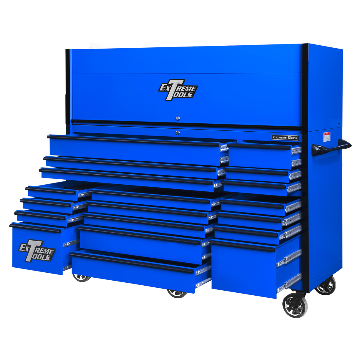 used toolboxExtreme Tools 72in. x 30in. 19 Drawers Triple Bank Roller Cabinet and Power Workstation Hutch Combo