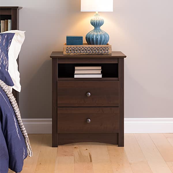 Prepac Fremont 2 Drawer Nightstand with Open Shelf, Espresso, Tall Espresso Fremont Nightstand