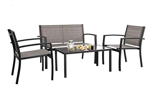 Devoko 4 Pieces Patio Furniture Set Outdoor Garden Patio Conversation Sets Poolside Lawn Chairs with Glass Coffee Table Porch Furniture (Grey)