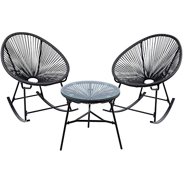VONLUCE 3 Piece Outdoor Acapulco Bistro Set, Patio Furniture Set with Glass Top Table and 2 Rocking Chairs with Hand-Woven Rope, All Weather 3pc Conversation Set for Balcony and Patio Décor, Black