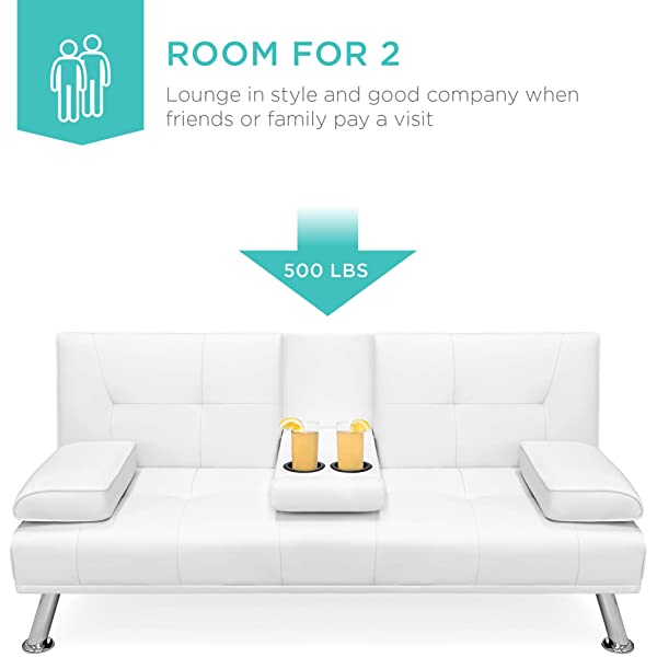 Best Choice Products Faux Leather Upholstered Modern Convertible Folding Futon Sofa Bed for Compact Living Space, Apartment, Dorm, Bonus Room w/Removable Armrests, Metal Legs, 2 Cupholders - Black