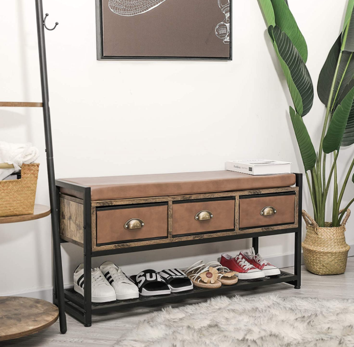 X-cosrack Industrial Shoe Bench Rack, 3-Tier Shoe Storage Organizer Shelf, Cushion Storage Bench with 3 Drawers &Mesh Shelf for Bedroom Hallway Entryway Living Room,Brown and Black
